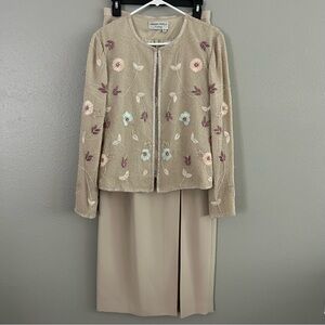 Adrianna Papell Evening 3pc Set Sz 10 Beaded Embroidered Floral Jacket Top Skirt